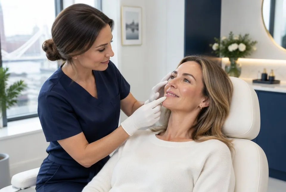 Practitioner assessing a patient's facial skin during a Profhilo consultation at Maypark Dental, Clontarf