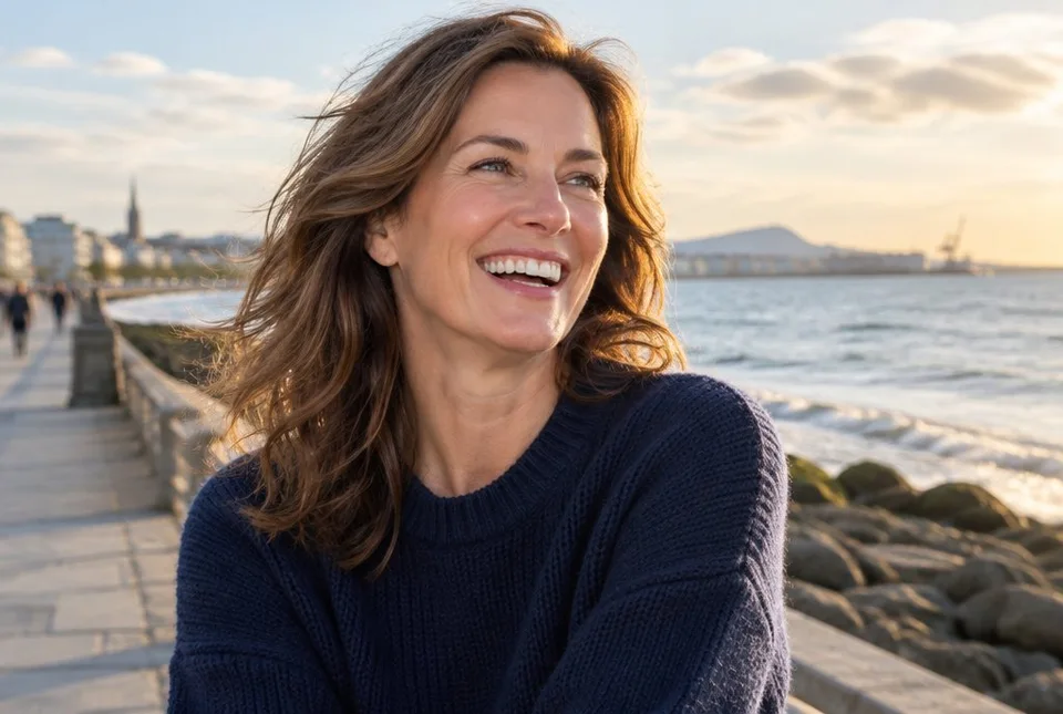 Smiling woman with fresh, glowing skin on a Dublin seafront